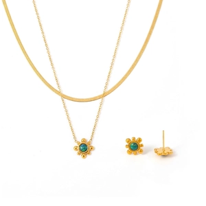 18K Gold Plated Titanium Steel Sunflower Jewelry Set Natural Colored Gemstone Pendant Necklace And Stud Earrings For Women