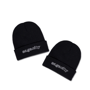 Minimalist black knitted beanie hat with white sagacity embroidery for men and women