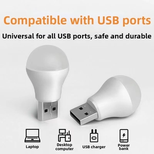 Detail view of two portable white USB LED night lights with plug-and-play interface