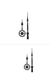 Detail of black quartz wall clock hand set with gear design and minimalist metal pointers