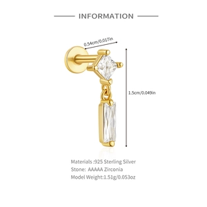 Detailed view of 925 sterling silver cartilage stud with AAAAA zirconia and dimensions