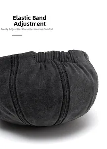 Detail of adjustable elastic band on black washed cotton octagonal beret cap back