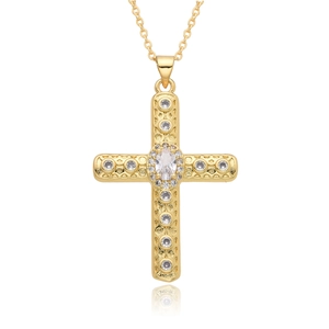 Gold plated cross necklace with micro-paved cubic zirconia crystals and reflection