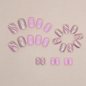 Short pink and white wavy glitter press-on nails with shimmering sequence finish