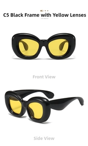 Front and side views of chunky black bubble sunglasses with vibrant yellow lenses