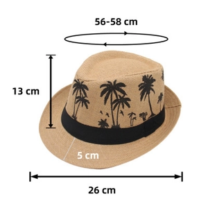 Detailed size chart for the coconut tree pattern straw fedora with precise measurements