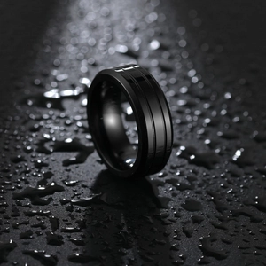 8mm wide black titanium steel ring with parallel polished grooves and a matte finish