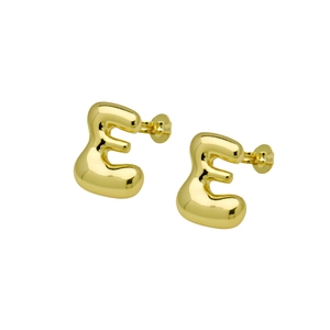 Detailed macro view of polished gold letter E balloon hoop earring for women