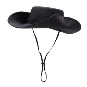 Outdoor wide brim sun hat for men in black with adjustable windproof cord and side button