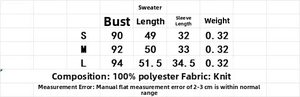 Size chart showing chest, length, and sleeve measurements for the knitted sweater
