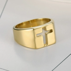 Minimalist gold stainless steel hollow cross ring with a wide polished band design