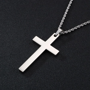 Minimalist silver stainless steel cross pendant necklace with a sleek twisted rope chain