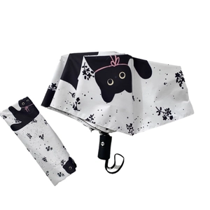 Automatic white folding umbrella featuring cute black cat patterns and matching storage sleeve