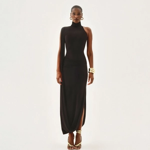 Detail showing high neck cut and asymmetric off-the-shoulder design of black slim dress