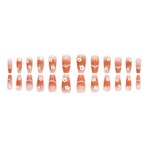 24pcs long coffin press-on nails with orange gradient and white daisy floral patterns