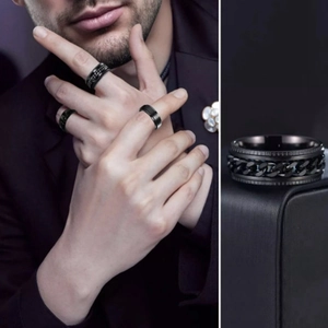 Mens black rotatable titanium steel chain ring set with sleek matte finish rings