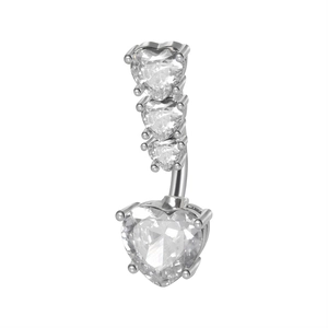 Silver long belly button ring featuring cascading heart-shaped cubic zirconia crystals