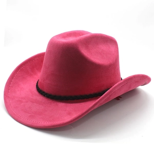 Close-up of rose red suede cowboy hat with black braided band on a white background