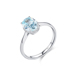 Elegant S925 sterling silver ring with an oval light blue gemstone and small diamonds