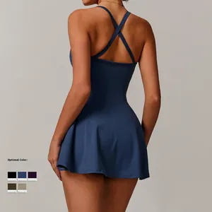 Cross-back navy blue tennis dress with flared hem and high-elastic fabric for sports