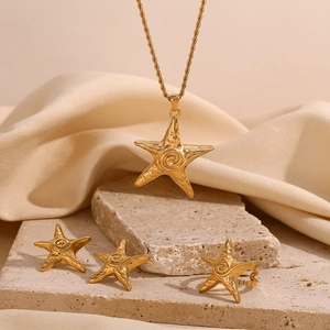 18K gold plated stainless steel jewelry set with starfish pendants and twisted chain