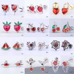 Halloween Devil Heart Zirconia Stud Earrings 316L Stainless Steel Post Gothic Red Heart Bat Spider Web Fruit Earrings For Women Men Jewelry