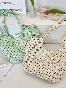 Polka dot canvas tote bag in light green and cream colors for women casual daily use