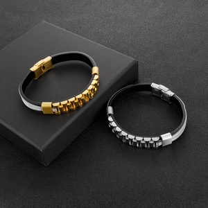 Men's hip hop watch buckle leather bracelet in gold and silver stainless steel