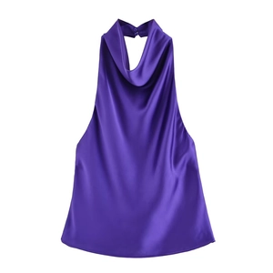 Elegantes lila Satin-Neckholder-Top mit Wasserfall-Ausschnitt und offenem Rücken