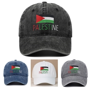 Washed cotton baseball cap with Palestine flag embroidery in black, blue, white, and grey