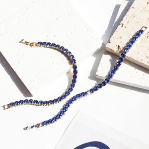 Gold and silver copper bracelets with 5mm micro-paved blue cubic zirconia stones