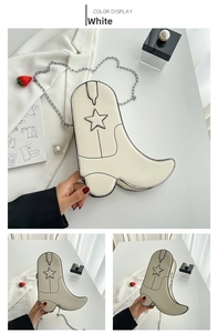 Detail view of a 2D cartoon style white boot-shaped bag with black outlines and star patches