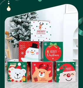 Festive Christmas gift box stack with snowman and Santa patterns for holiday decoration