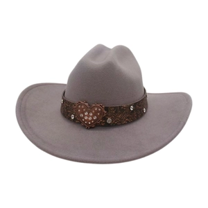 Detailed view of grey wool felt fedora featuring a heart-shaped rhinestone metal buckle