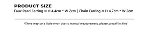 Size chart showing asymmetric 18k gold plated titanium and pearl earrings dimensions