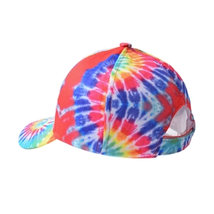 Detail view of colorful tie-dye baseball cap with adjustable strap and six-panel design