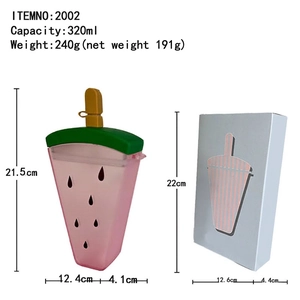 320ml watermelon popsicle shaped plastic water bottle with strap and blue packaging box