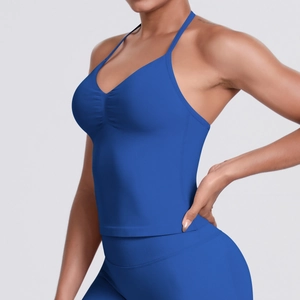 Detail of Klein blue seamless sports vest with thin straps and gathered bust design
