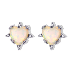 Minimalist heart-shaped opal stud earrings in silver-tone setting with CZ accents