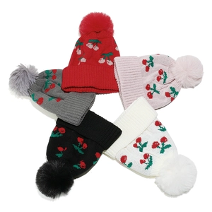Knit winter beanies for girls featuring cherry pattern and faux fur pom-poms in five colors