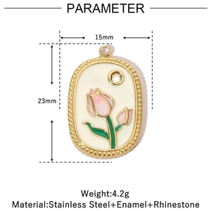 Détail du pendentif tulipe 15x23mm en acier inoxydable avec émail rose et strass