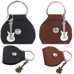 Guitar Pick Holder Case PU Leather Pouch With Guitar Pendant Keychain Portable Snap Button Storage Bag For Musicians