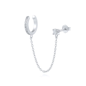 Macro shot of S925 sterling silver chain earrings with cubic zirconia and cuff details
