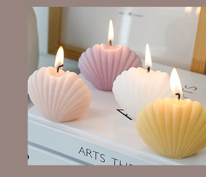 Group of colorful shell-shaped candles in pink, purple, white, and yellow on a book