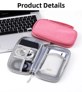 Detail of digital storage bag with mesh layers for cables and portable power bank
