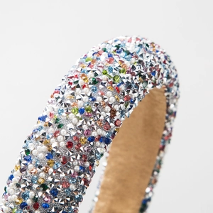 Luxury padded headband with colorful rhinestones and pearls on a khaki suede base