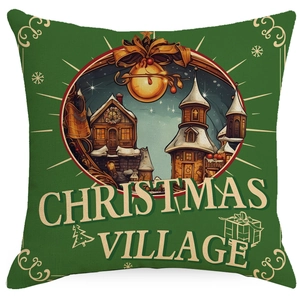 Christmas Village pillow cover in dark green linen with festive holiday illustration