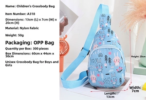 Detail view of light blue nylon kids bag with bunny prints and dimensions 13x7x20cm