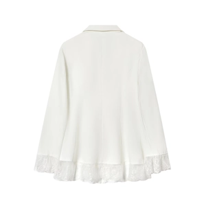 Back view of white slim blazer with delicate lace trim on the hem and sleeve cuffs