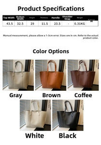 Detailed chart showing size dimensions and various color options for large PU leather tote bag